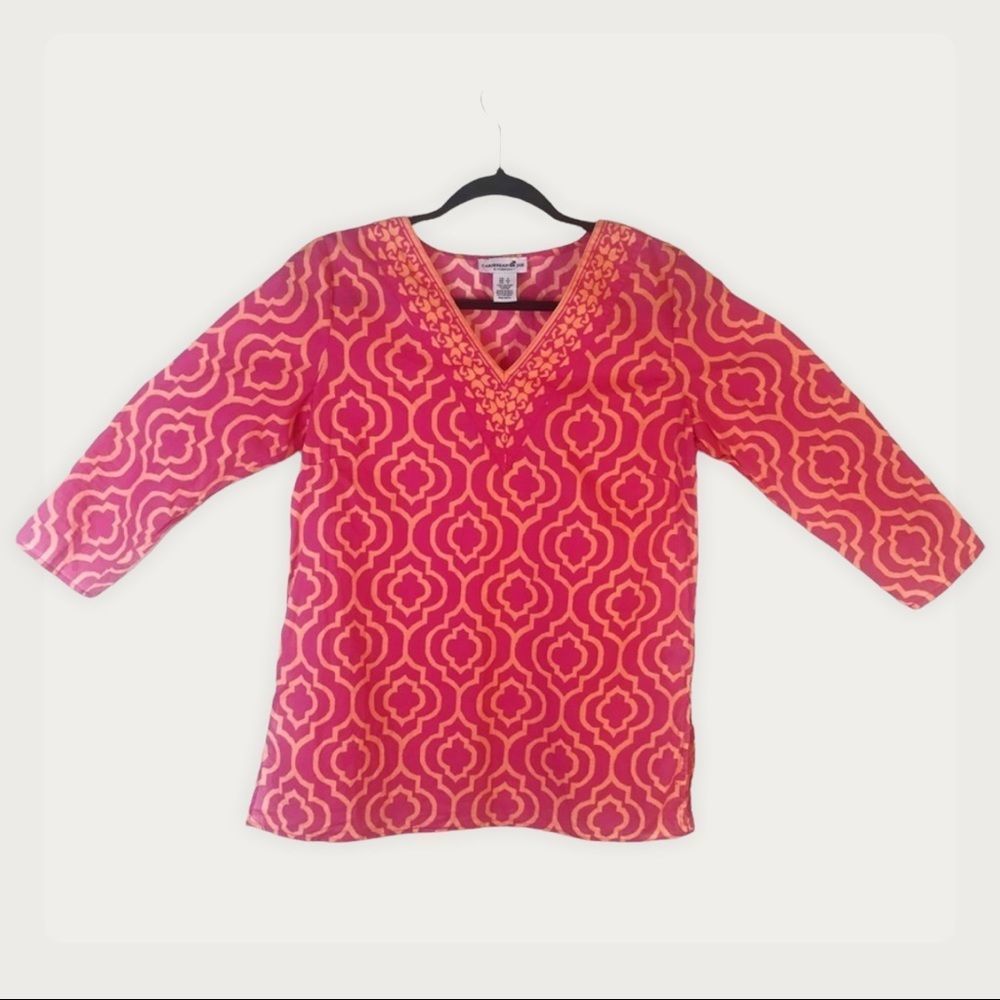 CARIBBEAN JOE Red & Yellow V-neck Cotton Tunic S